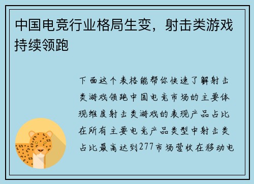 中国电竞行业格局生变，射击类游戏持续领跑